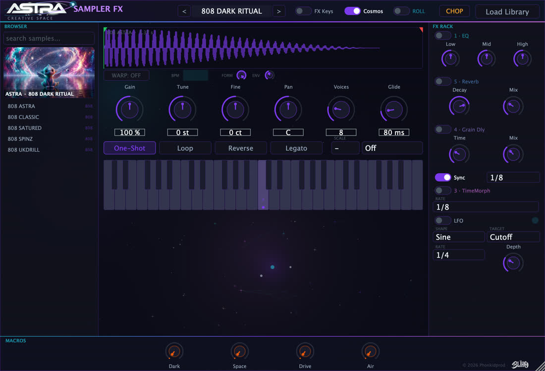 El pack 808 DARK RITUAL cargado, con la forma de onda y los mandos del sampler.