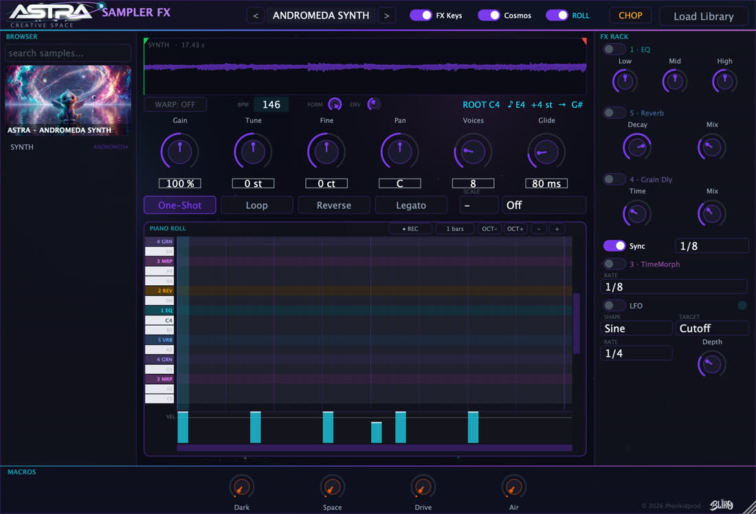 El piano roll estilo FL Studio dentro del plugin, con una melodía grabada y su carril de velocity.